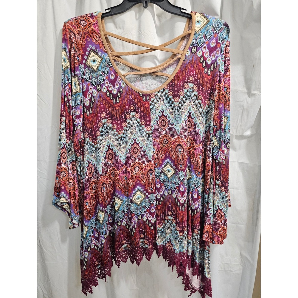 New Directions Weekend‎ Boho Paisley Lattice Neck Lace Trim Bell Sleeve Top 3X